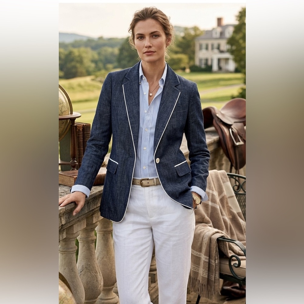 Lafayette 148 New York Rhoda Blazer Womens 4 Indigo Chambray Herringbone Linen